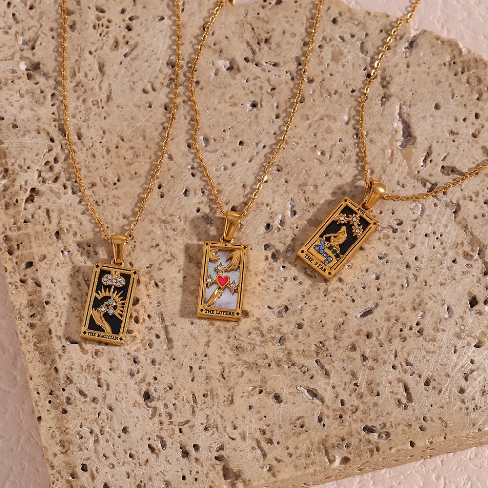 Star Tarot Card Pendant Necklace PVD 18K Gold Enamel Rectangle Stainless Steel - Picture 4 of 8